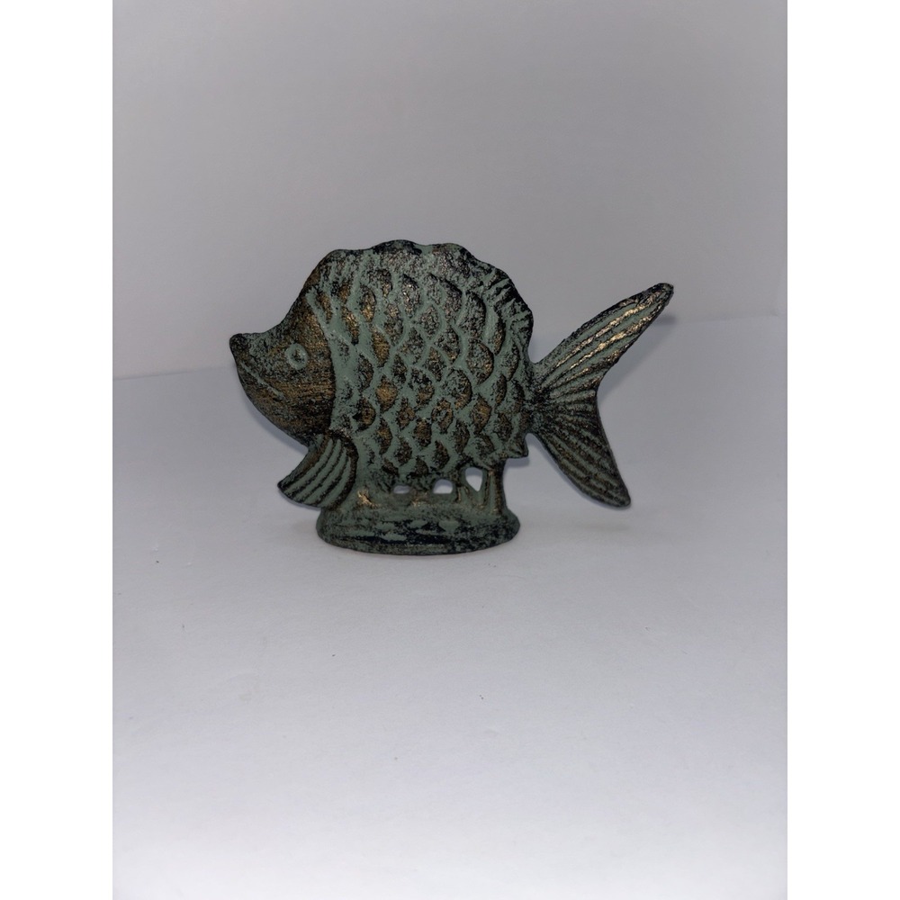 Vintage Solid‎ Cast Iron Fish Figure Paperweight Green Gold Nautical Decor